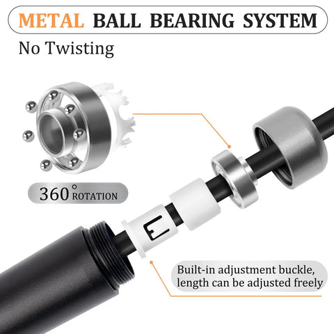 Close-up of Weighted Jump Rope With Ball Bearing System 1 Lb Tangle Free Rapid Speed Rope Adjustable mechanism, showing metal components.