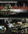 One Eighteen Scale M4A3 Sherman RC Tank with smoke feature and LED lights, showcasing realistic military sound and action.