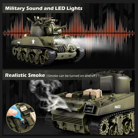 One Eighteen Scale M4A3 Sherman RC Tank with smoke feature and LED lights, showcasing realistic military sound and action.