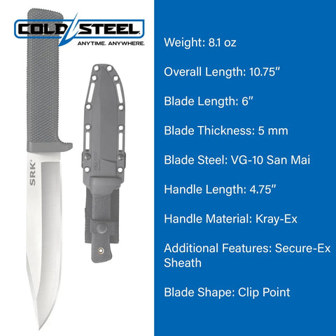 SRK Tactical Fixed Blade Knife With 6 Inch VG 10 San Mai Clip Point, Razor Sharp Blade, Kray Ex Handle, Secure Ex Sheath, Military Reliability