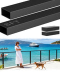 Premium 3MM Thick 8 Foot Black Aluminum Rectangular Handrail For Decks And Stairs Includes Two Cable Railing Brackets against a waterfront view.