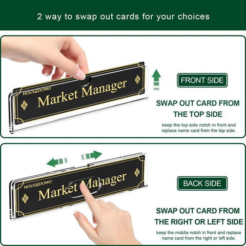 Clear Acrylic Door Name Plates 2x8 Inches 5 Pack With Adhesive Tape Easy Paper Insertion For Office And Classroom Doors Wall Mount Or Horizontal Sign Frame showing card swap method by hand