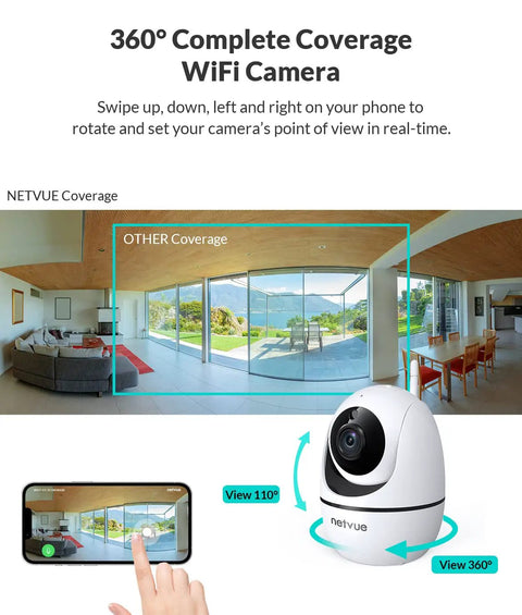 360° view of 1080P Indoor Pet Cam With 2 Way Audio Night Vision And AI Human Detection 2.4GHz WiFi Home Security Cam in room