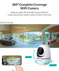 Indoor Security Cam 1080p HD WiFi 2.4GHz Pet Cam With Two Way Audio Night Vision AI Human Detection 360 Degree View For Home Real Time Alerts Local And Cloud Storage MicroSD Up To 128GB Two Pack demonstrating living room coverage and mobile view.