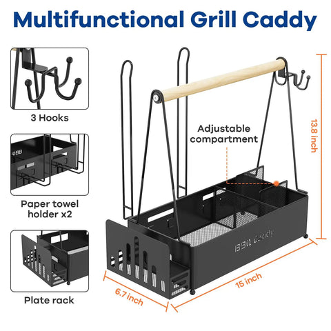 Multifunctional Grill Caddy with paper towel holders, 3 hooks, adjustable compartments, plate rack, size 15x6.7x13.8 inches.