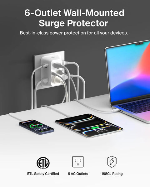 Six Outlet Surge Protector Power Strip With USB C And USB A Ports For PD Fast Charge ETL Listed Wall Mountable 1680 Joules Of Protection LED Indicator Overvoltage Protection in use powering devices