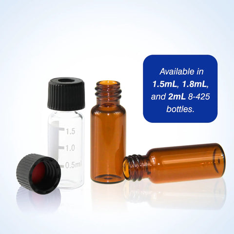 Solid Build 8Mm Screw Thread Hplc Vial Caps With Red Ptfec White Silicone Septa Deliver A No Hassle Leakproof Seal For 1 5 To 2 Ml Glass Autosampler Vials 100 Count Ready To Roll, showing 1.5ml and 2ml vials.
