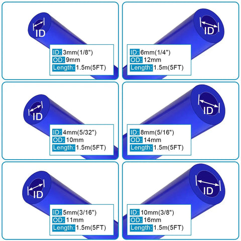Multi Size Automotive Silicone Vacuum Tubing Kit With Six Five Foot Tubes And One Hundred Fifteen Nylon Vacuum Connectors Blue