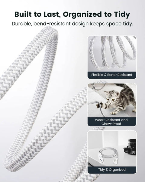 Close-up of flexible 15-Foot 360 Degree Rotating Extension Cord, flat braided design, with cat testing chew resistance.