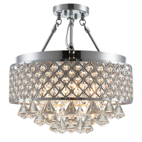 Sleek Modern Crystal Chandelier Pendant Light With Sparkling Raindrop Crystals, Semi Flush Mount, 4-Light Round Metal Ceiling Fixture in Chrome Finish for Living Room, Dining Room, and Bedroom.
