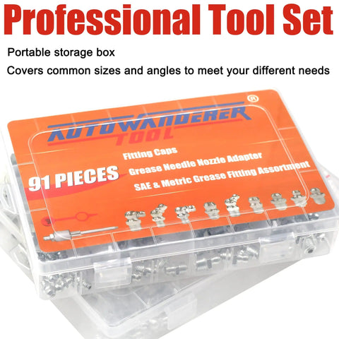 91 piece professional tool set in case, Kit with SAE and metric grease fittings, includes needle gun tips and fitting caps