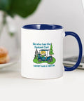 Premium Ceramic Coffee Mug 11 Oz Featuring Fastest Cart Graphic Art, blue handle, on a kitchen counter with a donut.