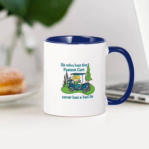 Premium Ceramic Coffee Mug 11 Oz Featuring Fastest Cart Graphic Art, blue handle, on a kitchen counter with a donut.