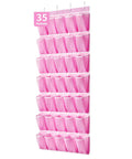 Pink Over The Door Shoe Organizer With 35 Pockets For Maximum Storage, Fits Up To Size 13 Men, Hanging with hooks shown.