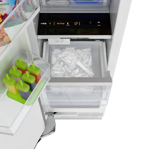 18 Inch Panel Ready Freezer Column With 8.6 Cubic Feet Heavy Duty Storage, Built In Ice Maker, Frost Free showing ice drawer and popsicle trays.