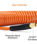 Close-up of All In One 22 Piece Air Compressor Accessory Kit's orange PU hose with 1/4 inch NPT brass end fitting.