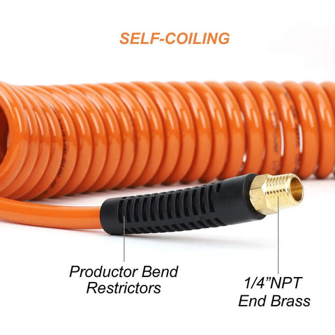 Top Shelf 18 Piece Air Compressor Accessories Kit Featuring 25 Ft Recoil Poly Hose And 100 PSI Tire Inflator Gauge Plus Kickass Blow Gun Nozzle And Quick Connect Couplers For Your Shop with self-coiling orange hose and brass end.