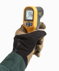 59 Max Plus Infrared Thermometer With 10 To 1 DTS Ratio, Backlit LCD, Laser Pointer, And Compact Toolbox Ready Industrial Grade Temp Tool For Fast, Accurate Measurements From 22 F To 932 F (30 C To 500 C) In Tough Work Environments, held in gloved hand