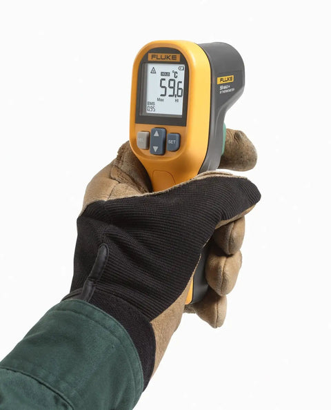 59 Max Plus Infrared Thermometer With 10 To 1 DTS Ratio, Backlit LCD, Laser Pointer, And Compact Toolbox Ready Industrial Grade Temp Tool For Fast, Accurate Measurements From 22 F To 932 F (30 C To 500 C) In Tough Work Environments, held in gloved hand