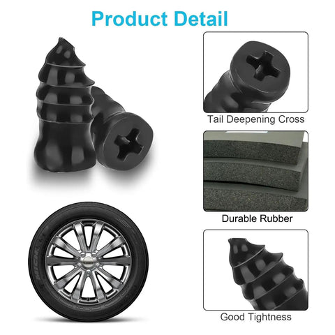 Close-up of 60Pcs Tire Plug Kit with durable rubber nails, vacuum repair screws, and a car tire detail for puncture repair in kit.