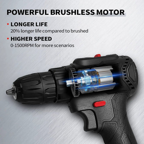 21V Cordless Drill Kit With Brushless Motor, detailed view of motor mechanism and compact grip.