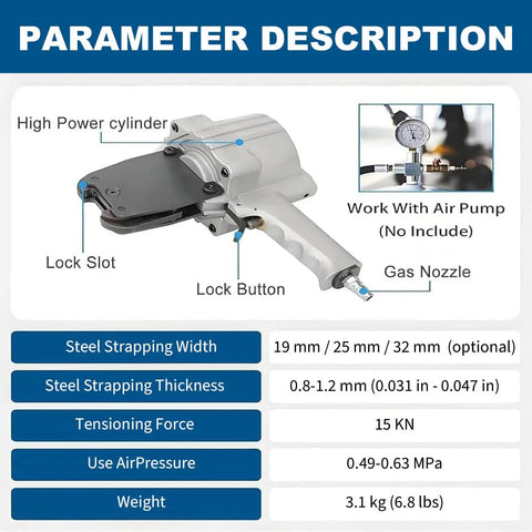 Split Pneumatic Strapping Machine For Metal Banding with air pump fitting and features for 19mm, 25mm, 32mm bands.