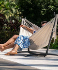 Double Hammock With 9 Ft Space Saving Steel Stand Includes Carrying Case Weather Resistant Cotton Super Cozy Easy Setup Holds Up To 450 Lbs Natural Color