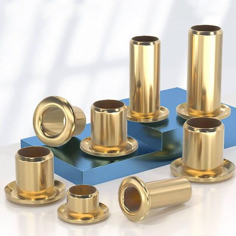 Top Shelf Pure Brass Hollow Rivet Eyelets For Leather And Heavy Duty Fabric Crafting Secure Fastener Clips Smooth Grommet Assortment 200 Pieces, view of brass rivet eyelets in various sizes on a blue background.