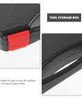 Close-up of Portable Plastic Toolbox With Grip Handle, Heavy Duty Hard Shell Organizer For Mechanics, showing red latch and ergonomic handle.