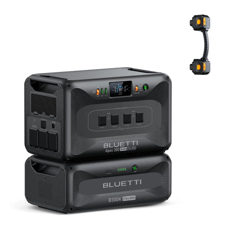 Apex 300 Portable Power Station With B300K Expansion Battery 5529.6Wh LFP Backup Power For Home RV And Emergencies Six 3840W AC Outputs With 7680W Surge Dual 120V And 240V Output Off Grid Ready featuring stacked units and connection cable