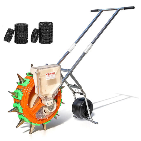 Hand Push Seeder With Visible Seed Hopper Equidistant 10 Stainless Steel Duckbill Seed Dispenser for Gardens and Small Farms.