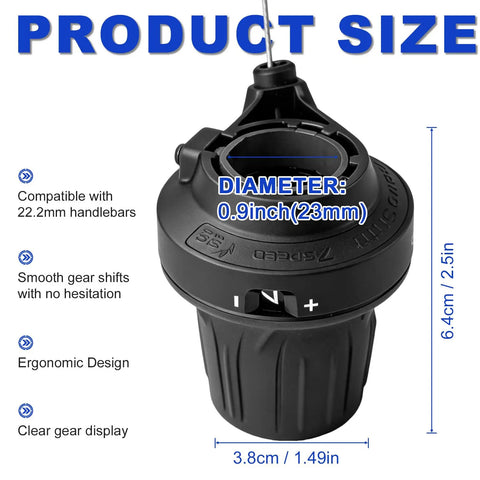 7 Speed Bike Shifter Twist Grip Lever Thumb Gear Shifter For Mountain Bikes And Folding Bikes, Aluminum Alloy Construction, Smooth Gear Changes, Easy Shifting, Slick MTB Shifter Upgrade detailed view with size measurements and ergonomic design features