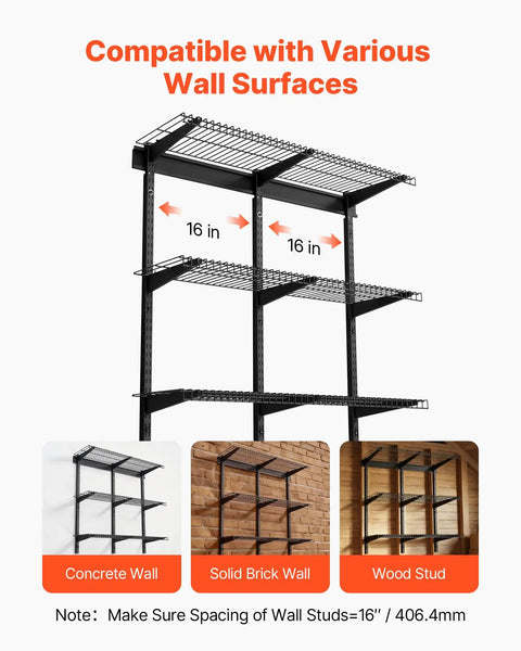 Sturdy 3 Tier Wall Garage Shelving Unit For Heavy Duty Storage, 1x3 Ft Steel Wall Mounted Shelves With 11x36 Inch Per Shelf And 450 Lbs Total Capacity, Black Durable Floating Metal Rack For Tools Bins And Garage Organization for concrete, brick, or wood stud walls