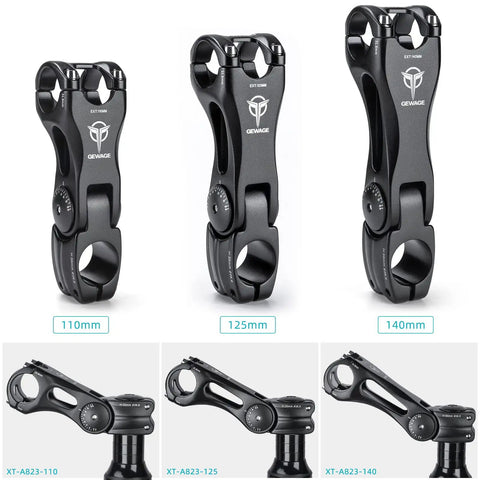 Adjustable Minus Sixty Five Degree To Plus Forty Five Degree Aluminum Bike Stem Riser, 140mm Length, multiple sizes shown