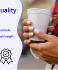 Person holding No Nonsense Heavy Duty 20 Oz Styrofoam Cup, insulated white, ideal for hot and cold drinks.