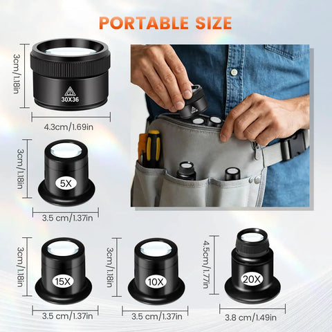Five Piece Jewelers Loupe Set With 5X 10X 15X 20X 30X 36mm Glass Lenses shown in pocket and individually for size reference