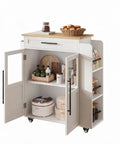 Farmhouse Mobile Kitchen Island Cart With Slick Rolling Lockable Casters And Front Glass Cabinet Plus Roomy Gear Hauler Drawer And Three Tier Spice Shelf For Weekend Cookoffs showcasing a white and wood composite with glass storage.