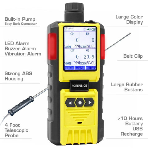 4 Gas Monitor With Built In Pump And Probe, Four Gas Detector For O2 CO H2S LEL, Color Display And Graphing, USA NIST Traceable Calibration, Computer Data Logging For Field Jobs
