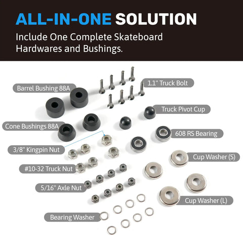 Skateboard Hardware Kit Do It Yourself Upgrade Pack With Truck Hardware 608 Bearings Bushings Nuts And Washers Kingpin Nut Screws And Bolts 42 Piece Replacement Kit For Skaters, shown with assorted parts