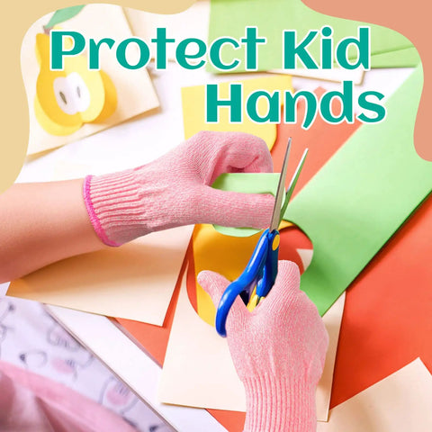 Kids Cut Resistant Gloves Level 5 Protection For Cooking Wood Carving Whittling Gardening And DIY Projects Food Grade Safe Small Size For Ages 4-6 Years Pink worn by child using scissors on paper