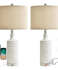 24 Inch Rustic Modern Ceramic Table Lamp Set Of 2 For Living Room And Bedroom White And Grey Finish Farmhouse Nightstand End Table Decor Lamps Cozy Desk Lighting For Bedside Workspace And Kids Room with two lamps, USB ports and dimming feature