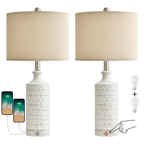24 Inch Rustic Modern Ceramic Table Lamp Set Of 2 For Living Room And Bedroom White And Grey Finish Farmhouse Nightstand End Table Decor Lamps Cozy Desk Lighting For Bedside Workspace And Kids Room with two lamps, USB ports and dimming feature
