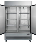 Shop Ready Commercial Freezer Upright Refrigerator With No Frost Hassle 49 Cubic Foot Stainless Steel Reach In Cabinet open interior with shelves