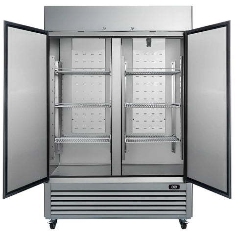 Shop Ready Commercial Freezer Upright Refrigerator With No Frost Hassle 49 Cubic Foot Stainless Steel Reach In Cabinet open interior with shelves