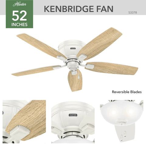 52 Inch Indoor Ceiling Fan With LED Light White Flush Mount Hugger Design Pull Chain Operation Five Blades Ideal For Bedroom Living Room Or Kitchen Energy Efficient And Low Profile with oak blades