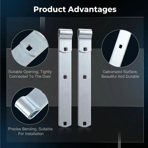 Four Pack 12 Inch Stainless Steel Strap Hinges Heavy Duty Gate Hardware For Sheds Barns And Swing Doors Silver Finish close-up of galvanized hinge features