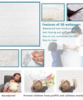 Collage showing 40 Pack White 3D Wall Panels Peel And Stick Self Adhesive Waterproof Brick Foam Sheets for Interior Walls in use.