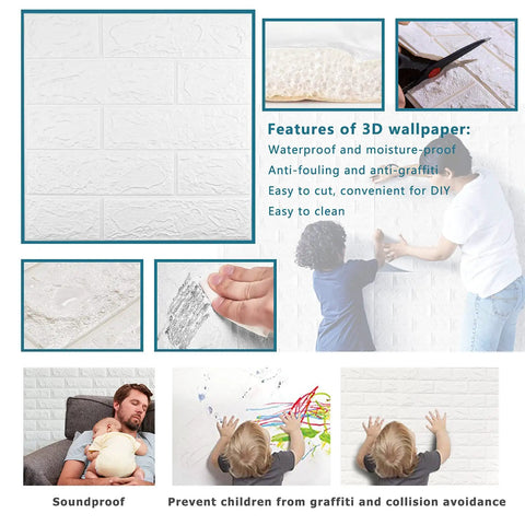 Collage showing 40 Pack White 3D Wall Panels Peel And Stick Self Adhesive Waterproof Brick Foam Sheets for Interior Walls in use.