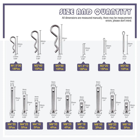 122 Piece 304 Stainless Steel Clevis Pin And Cotter Pin Fastener Kit With M3 M4 And M5 Sizes And Zinc Plated Clips shown with dimensions