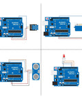 Diagram showing four Uno R3 Project Starter Kit setups with components, 63 modules, and LED for Arduino IDE beginner prototyping.